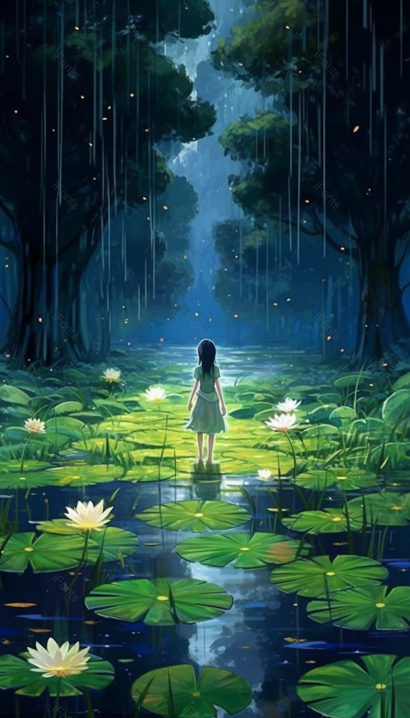 暗绿色女孩背影荷叶荷花星光夜色插画背景,插画/手绘图,插画/手绘图库,插画/手绘图下载,插画/手绘